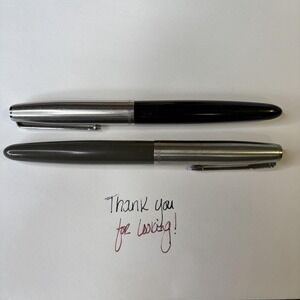 Vintage Parker 21 Fountain Pen Set Of 2 Black & Gray Pens Chrome Trim 1950s